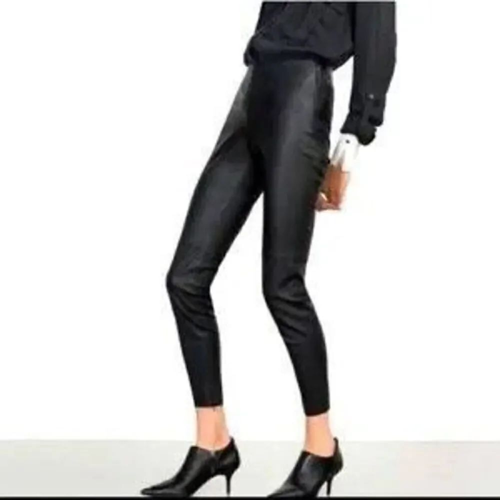 Zara Faux Leather Leggings High Rise Stretchy Front Seam Ankle Zip Black SZ S